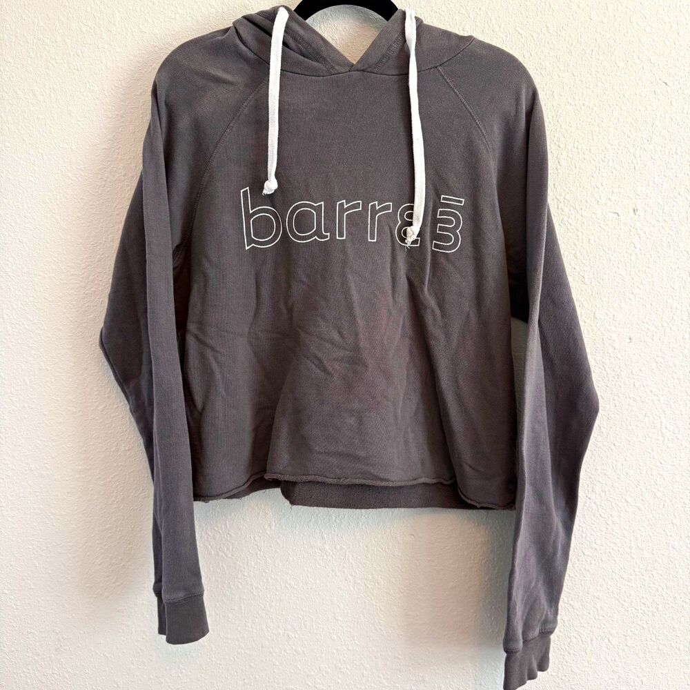 barre3 Women’s Gray Pullover Hoodie S Logo Graphic Drawstring Raglan Sleeve